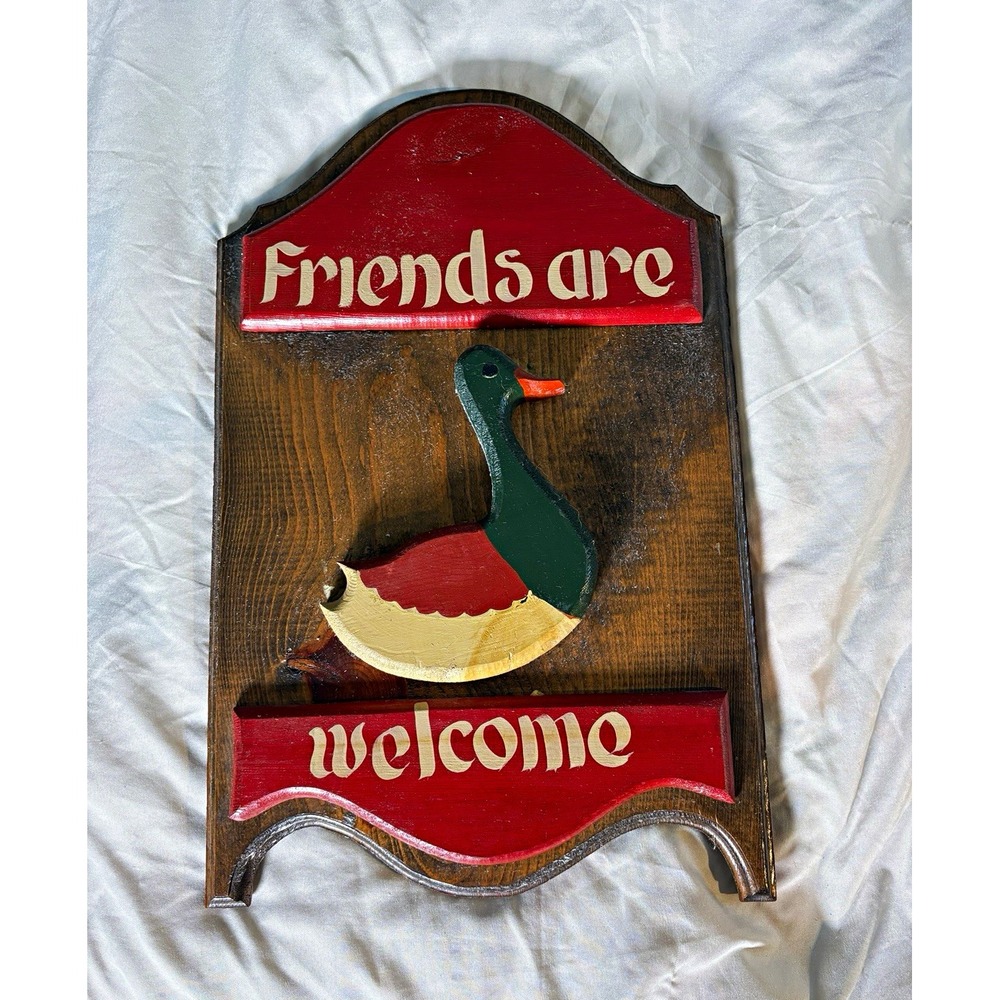 Wood Hanging Rustic Welcome Duck Plaque "Friends Are Welcome" Painted 13x10"